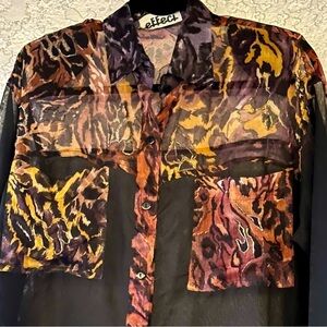 Vintage Blouse Womens Size Large Sheer 1980s Beaded Animal Print